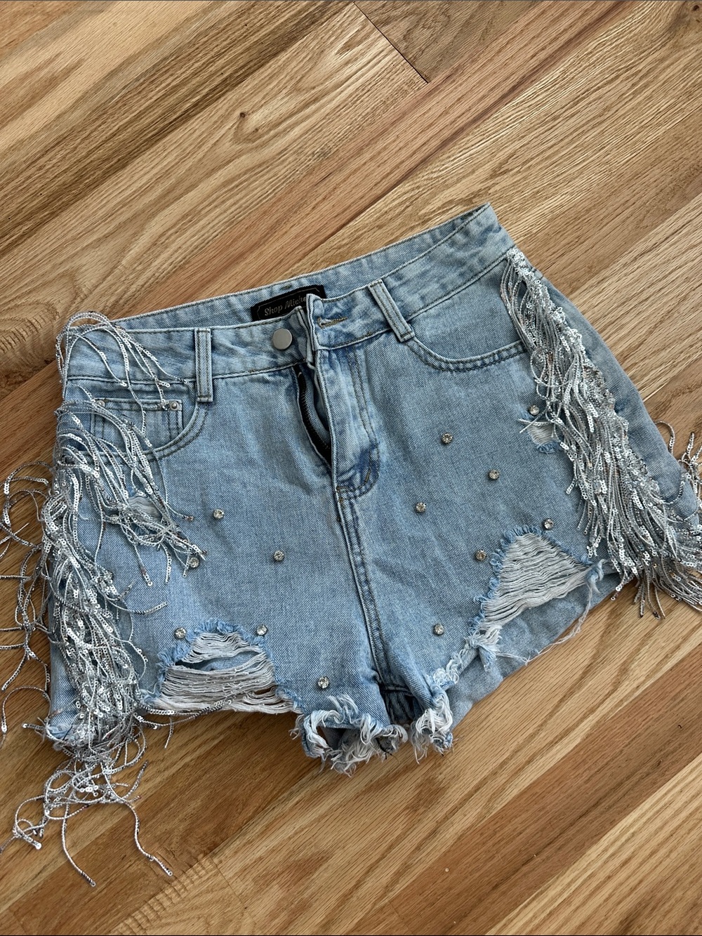 Frayed Light Blue Denim Shorts with Silver Fringe